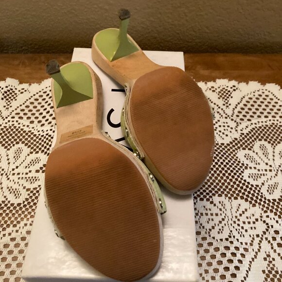 Mint Green Mules Sandals w/wood sole & blue rhinestone bumblebee by rsvp Sz 6.5 - Picture 7 of 8